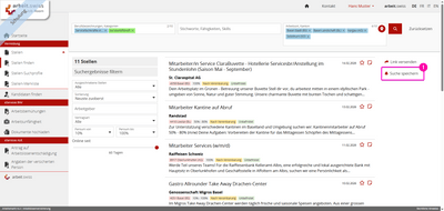 Screenshot der Job-Suchseite mit Suchergebnissen und Filteroptionen.