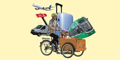 Collage mit Lastenfahrrad, Strassenbahn, Flugzeug, Lieferwagen und Koffer.
