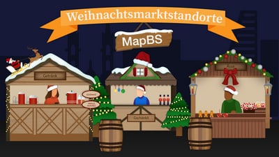 Weihnachtsmarktstände mit Getränken, Geschenken und Essen bei Nacht.
