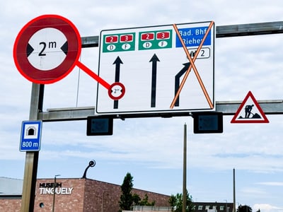 Verkehrsschild mit Tafel, 2 Meter Begrenzung, Museum Treppengeländer Gebäude im Hintergrund.