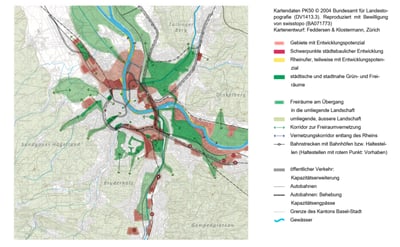 Karte von Basel mit Entwicklungszonen und Freiräumen hervorgehoben.