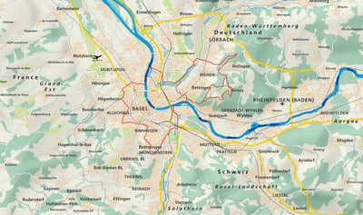 Karte der Region um Basel mit Flüssen und Städten.