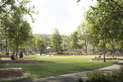 Menschen entspannen im grünen Park mit Bäumen und Sitzbereichen.