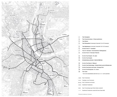 Stadtplan mit eingezeichneten Verkehrslinien und Legende.