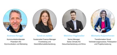 Vier Porträts von lächelnden Personen mit textlichen Beschreibungen.