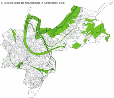 Karte der Naturschutzgebiete in Basel-Stadt, grün hervorgehoben.