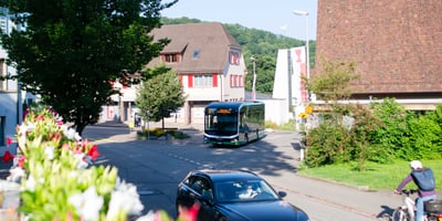 Strasse mit Bus, Fahrradfahrer und Blumen im Vordergrund.