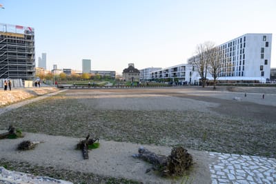 Baustelle mit modernen Gebäuden im Hintergrund.