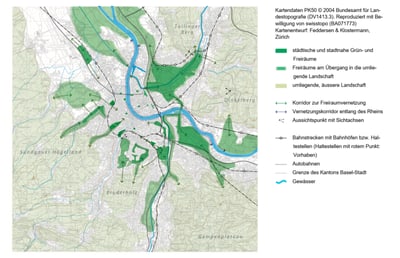 Detailkarte von Basel mit grün markierten Freiräumen und Landschaftskorridoren.