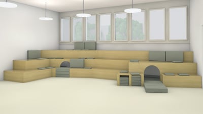 Innenraum mit Holzstufen und Polstern unter Fenstern.