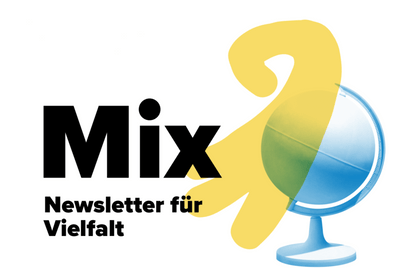 Mix steht in grossen schwarzen Buchstaben vor weissem Hintergrund. Es ist ein gelber Baslerstab zu sehen vor einer hellblauen Weltkugel. 