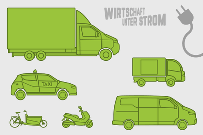 Illustrationen von E-Fahrzeugtypen, Lastwagen, Lieferwagen, Taxi, Cargobike und Scooter