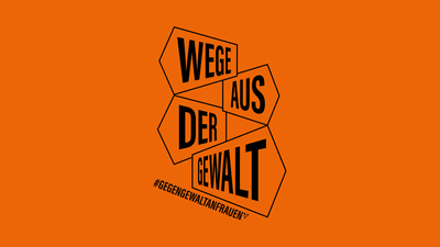 Orangefarbener Hintergrund, Wege aus der Gewalt Schriftzug, Hashtag gegen Gewalt an Frauen",